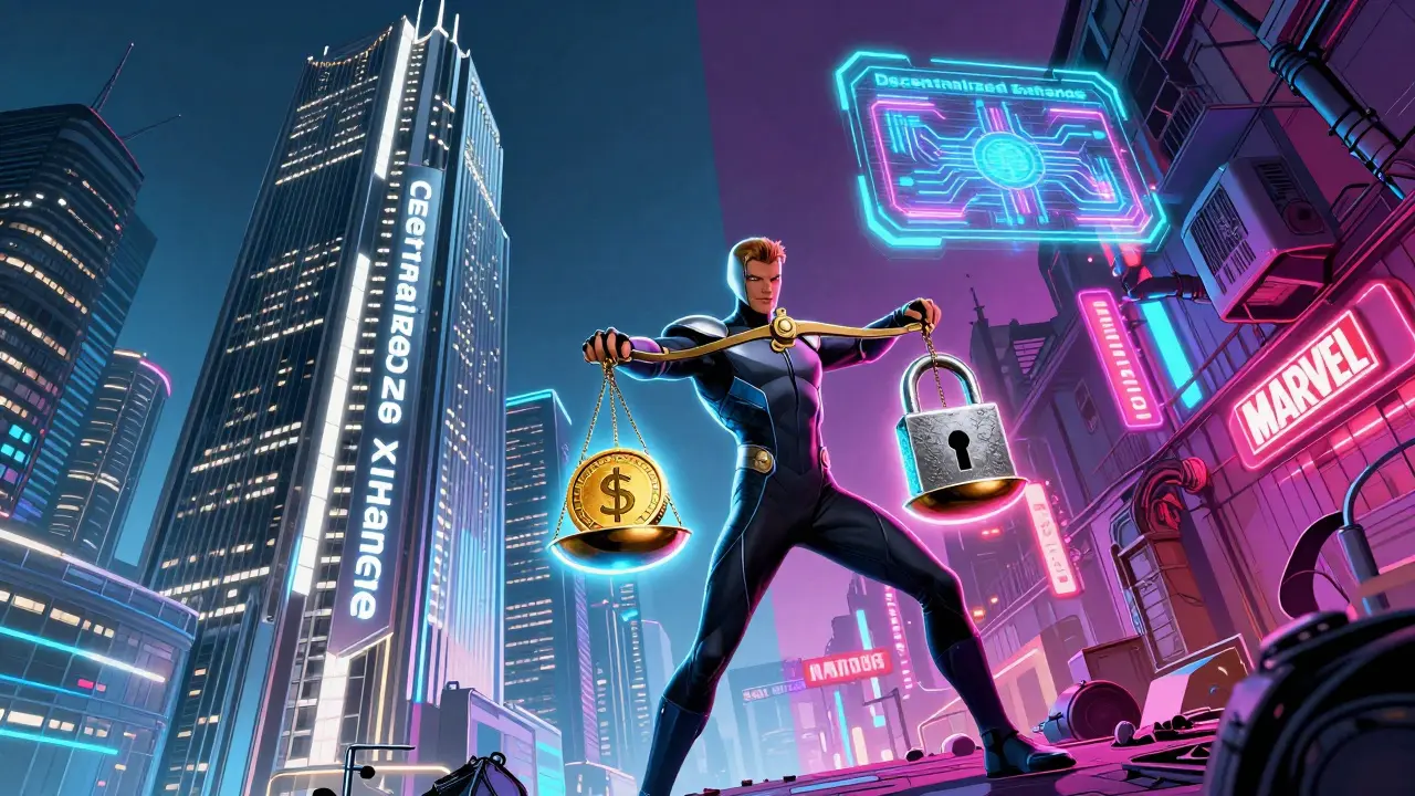 Marvel style illustration of a hero balancing a scale between a corporate tower and a cyberpunk alley.