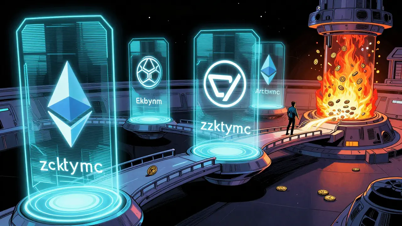 Marvel style illustration of DERI tokens moving through multi-chain holographic portals