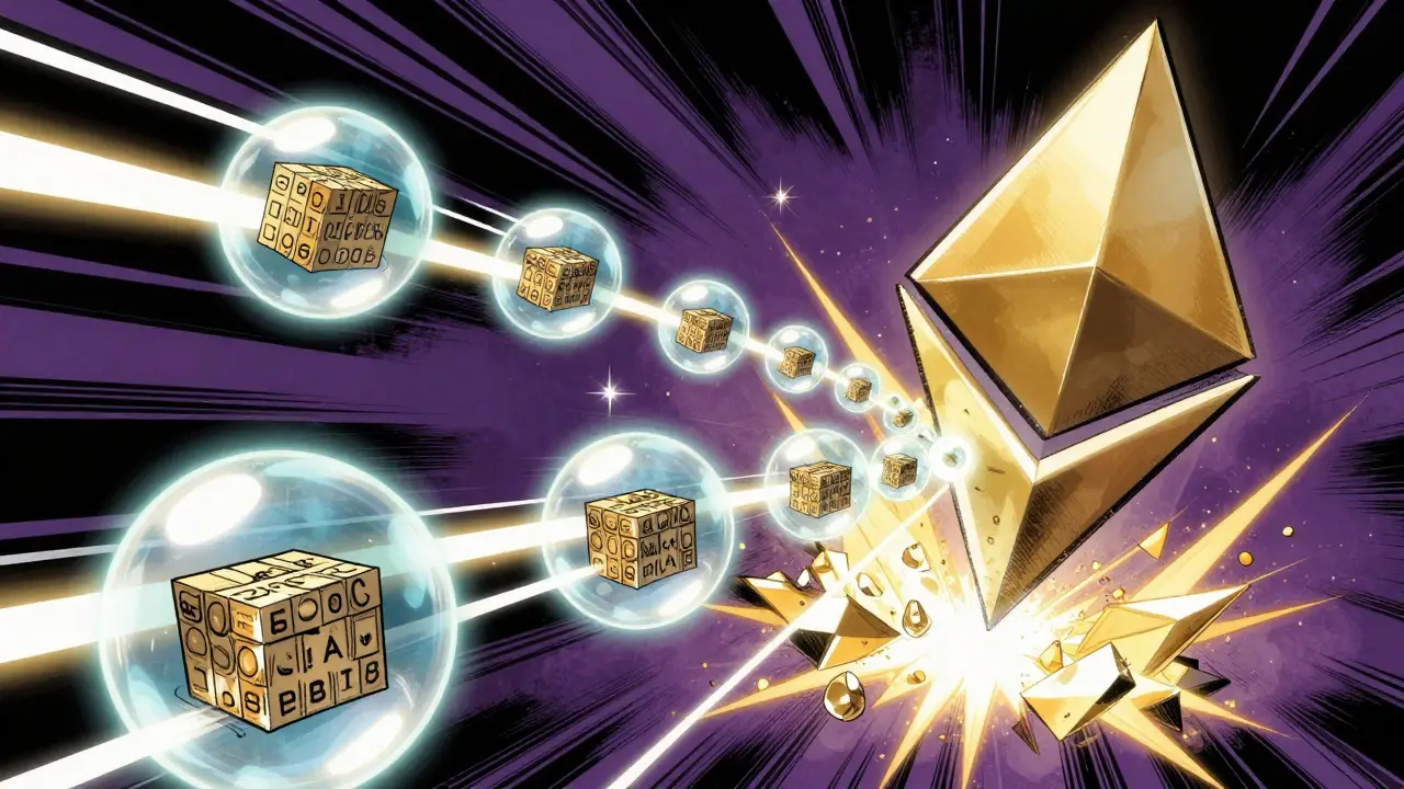 Marvel style illustration of Ethereum Plasma child chains merging into a main blockchain crystal.
