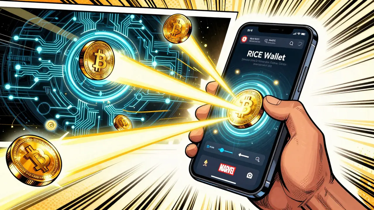 Marvel style illustration of ONUS tokens flowing into a RICE Wallet on a smartphone