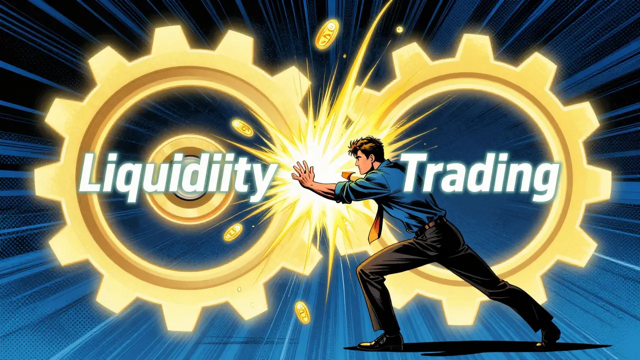 Powerful trader activating a liquidity engine to earn FOC tokens in comic book style