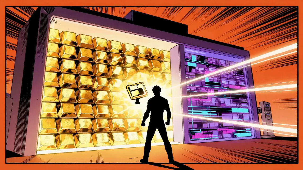 Silhouette holding wallet card facing glitching light portal of bars