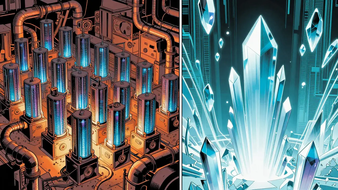 Split scene showing heavy industrial mining hardware versus a sleek, crystalline digital network.