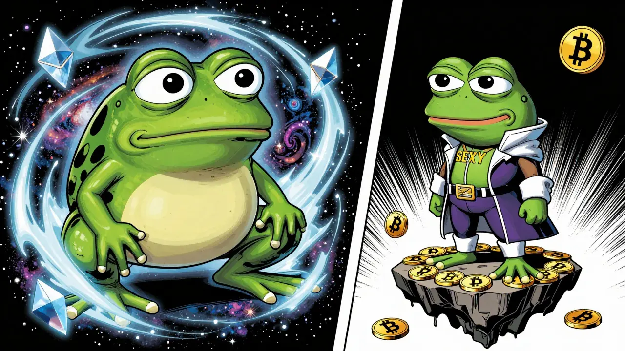 Split-screen comic comparison of a cosmic frog and a smaller frog on different blockchain platforms.