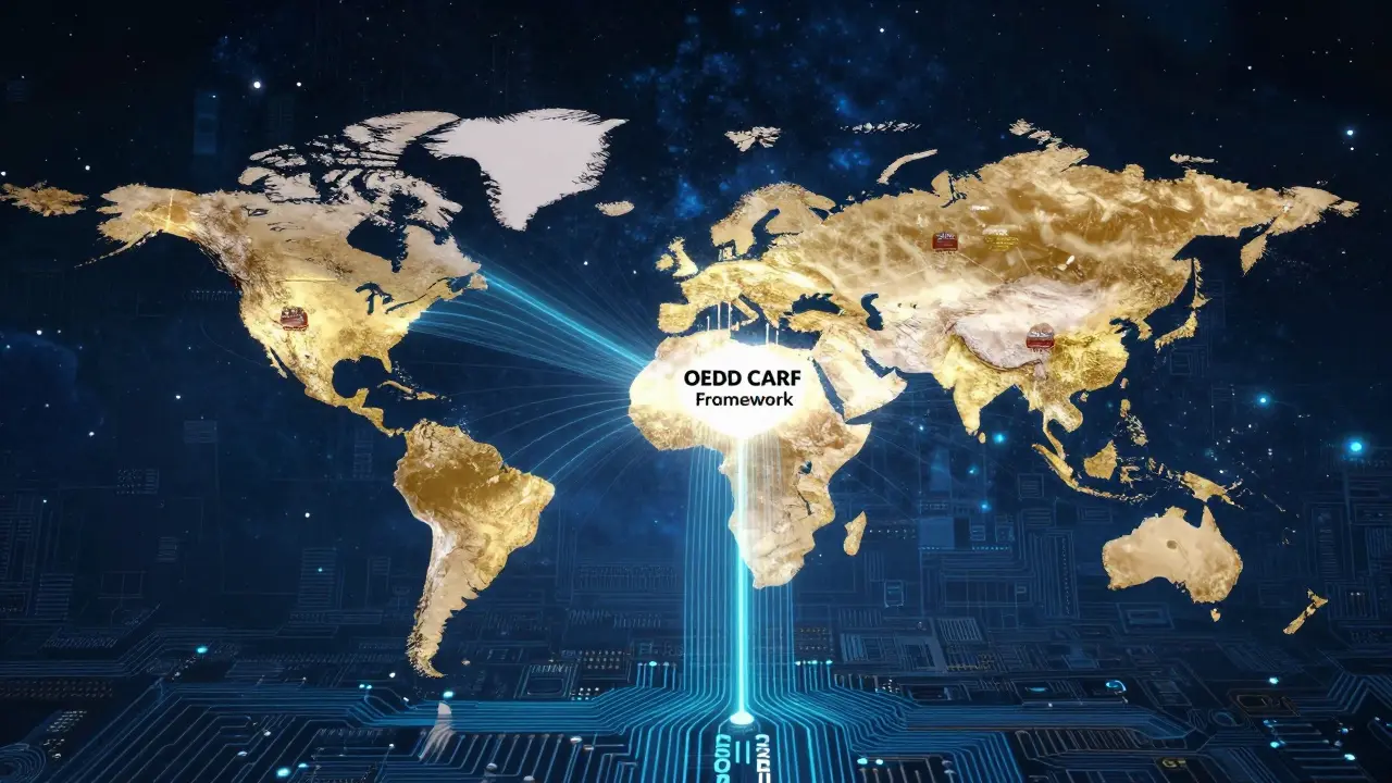 Stylized map showing global crypto data flowing toward India via the CARF framework