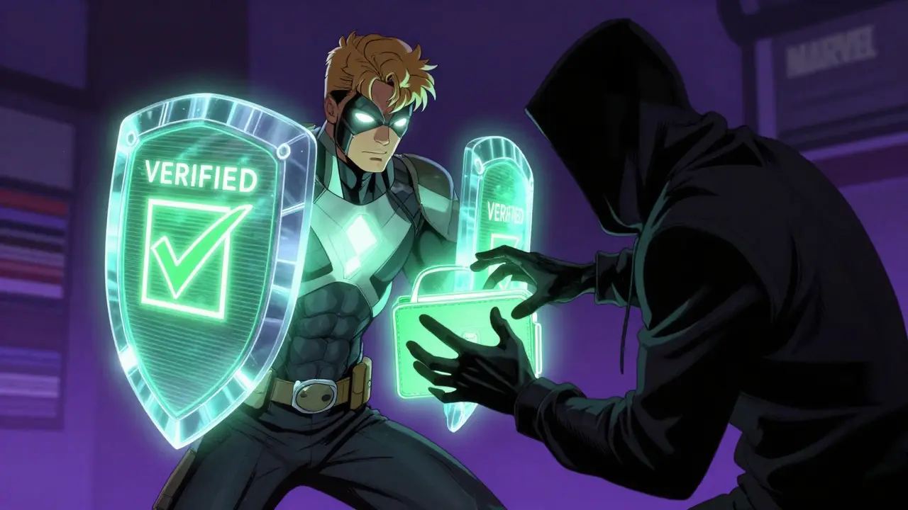 Tech hero protecting a digital wallet from a shadow scammer in comic book style