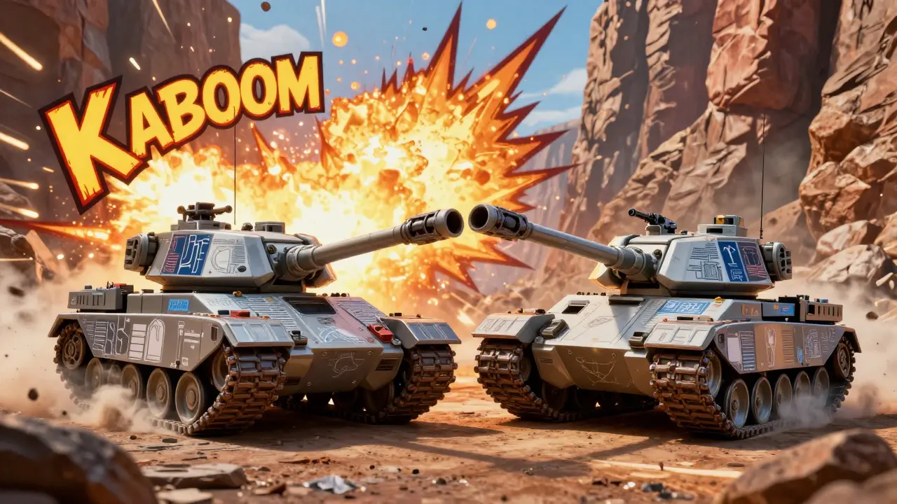 Two heavily armed super tanks fighting in a rocky alien canyon