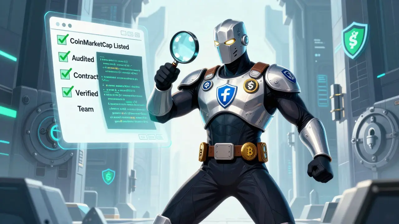 A crypto hero inspecting smart contracts with a magnifying glass in a secure digital fortress.