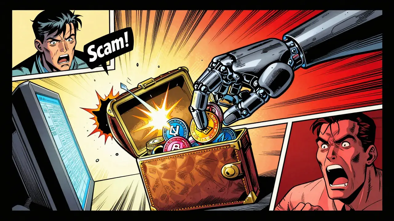 A robotic hand stealing crypto coins from an open wallet in a dramatic comic book panel.