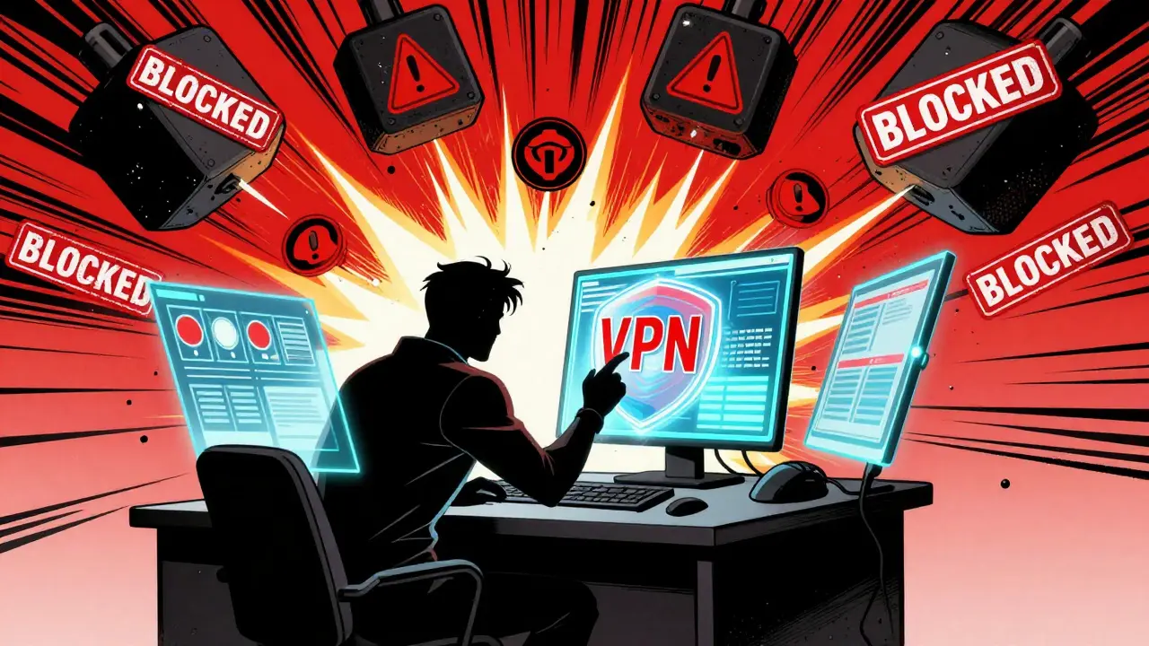 A user fighting digital banking blocks with a VPN shield, comic art style.