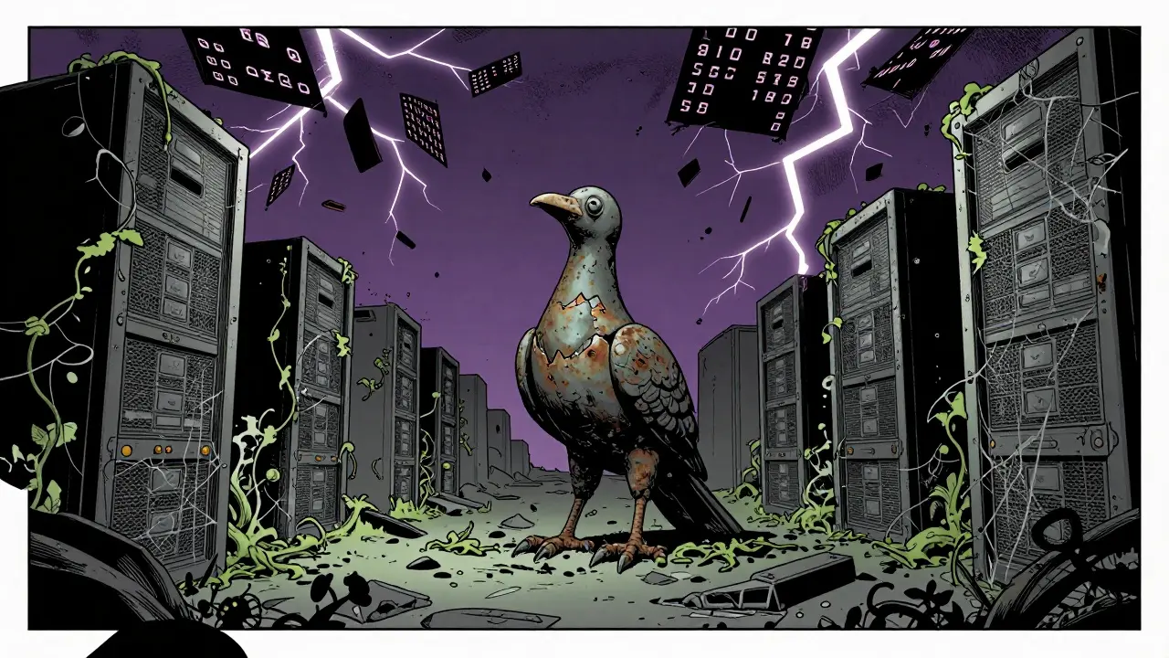 Abandoned digital ruins symbolizing the dead Bird Finance project
