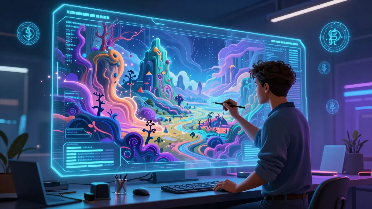 Artist creating dynamic AI art with floating smart contract symbols in a futuristic studio.