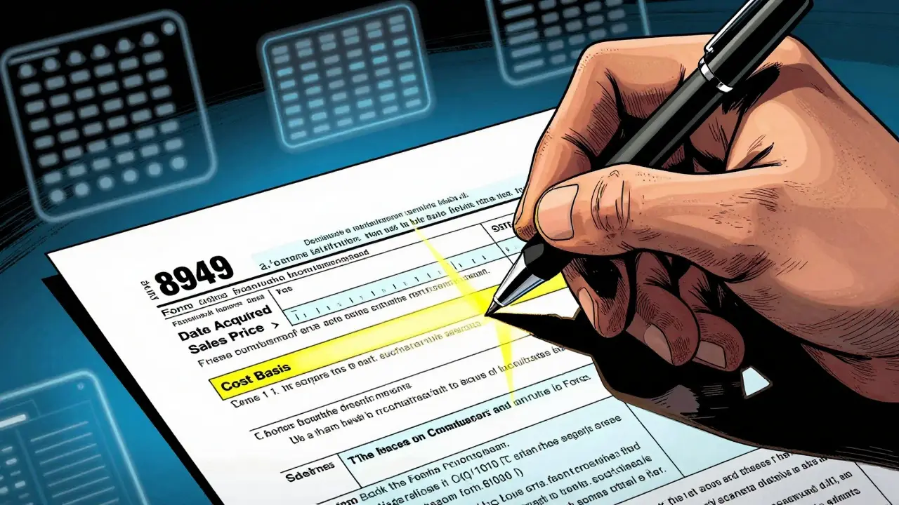 Close-up of filling out Form 8949 with highlighted tax fields in comic art