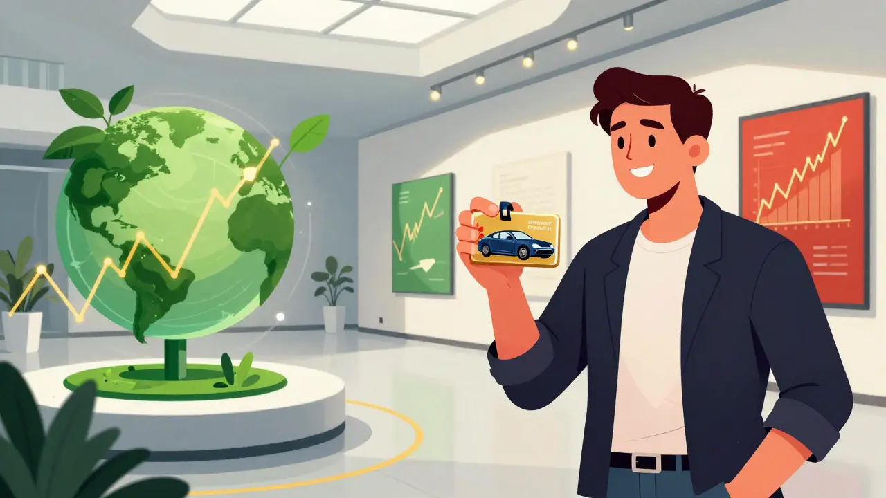 Collector holding a token linking digital art to real-world assets in a green, modern museum.
