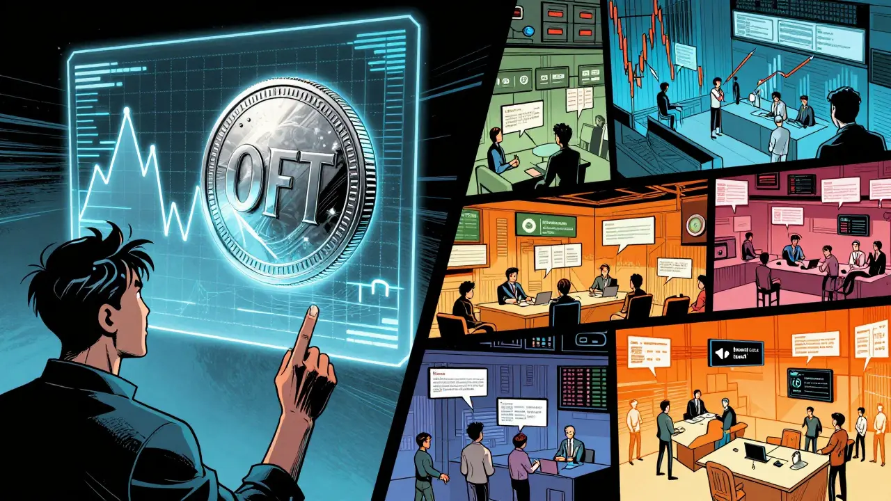 Comic art depicting OFT token price volatility across different exchanges