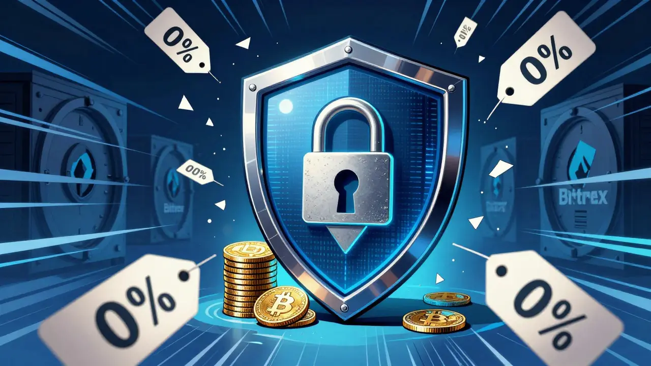 Comic book illustration of crypto security shield and shattered zero-fee tags