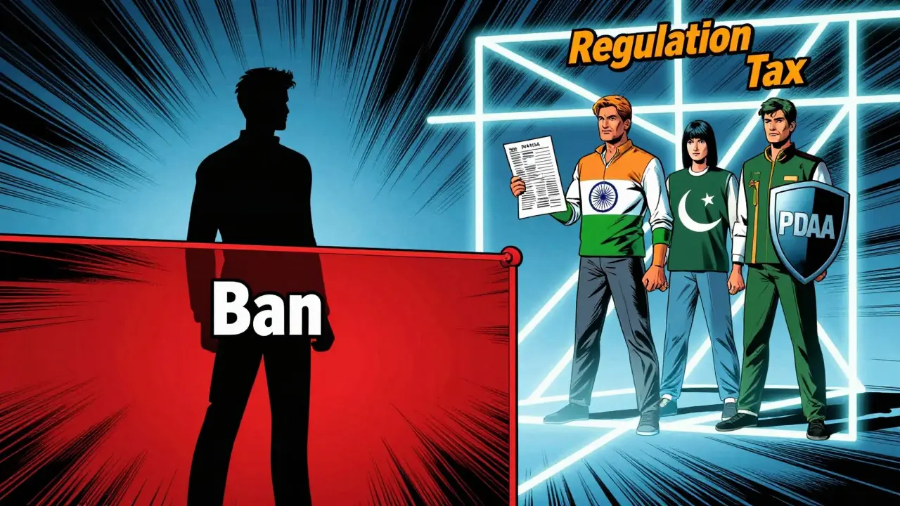 Comic illustration contrasting Bangladesh's ban with neighbors' regulation.