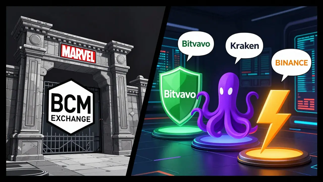Comparison of BCM Exchange and alternative crypto platforms as fortress gates in comics.