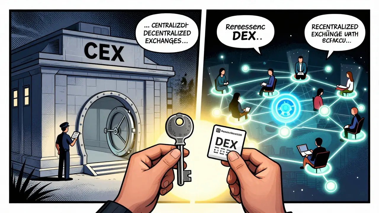 Comparison of centralized corporate exchange vs decentralized peer-to-peer network.