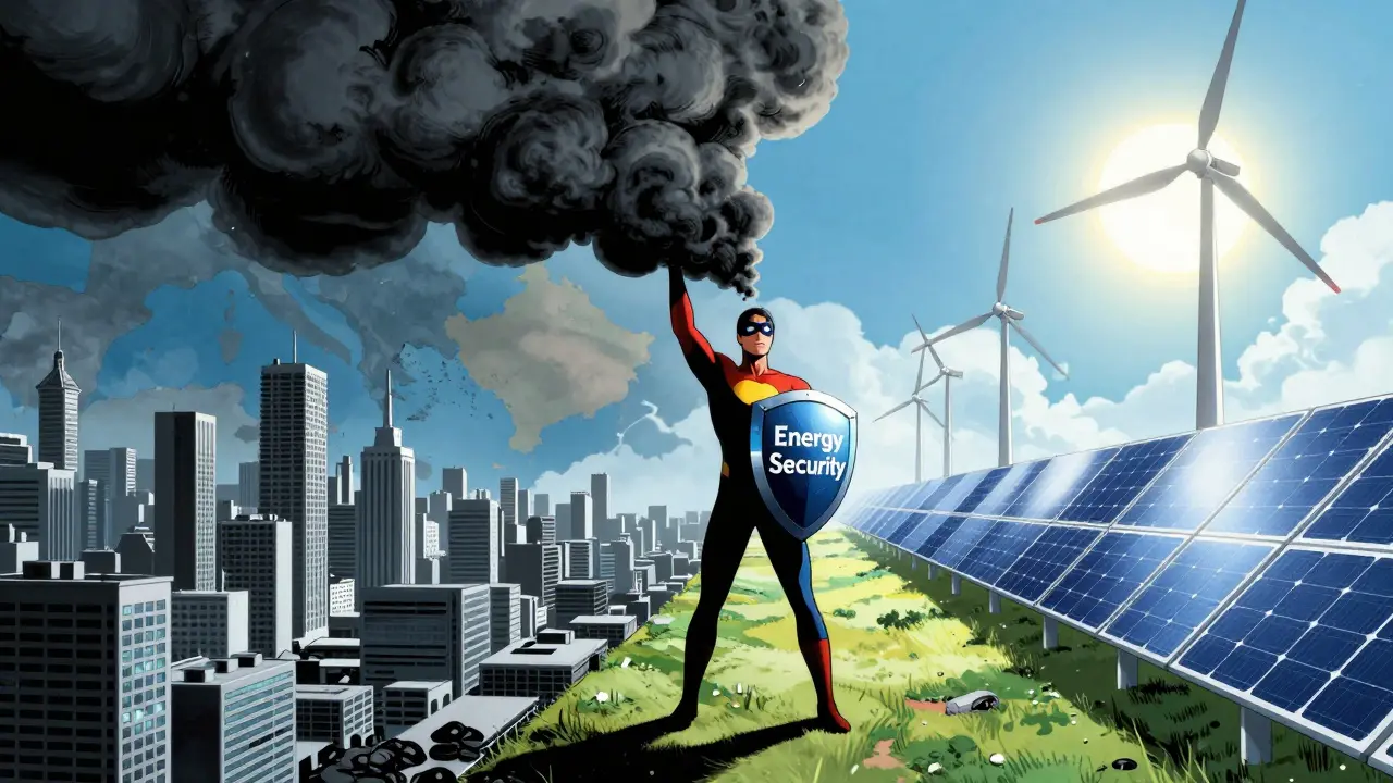 Conceptual art showing solar energy replacing coal power grids