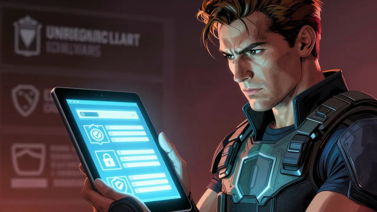 Confident trader holding a glowing security checklist against fading dark threats.