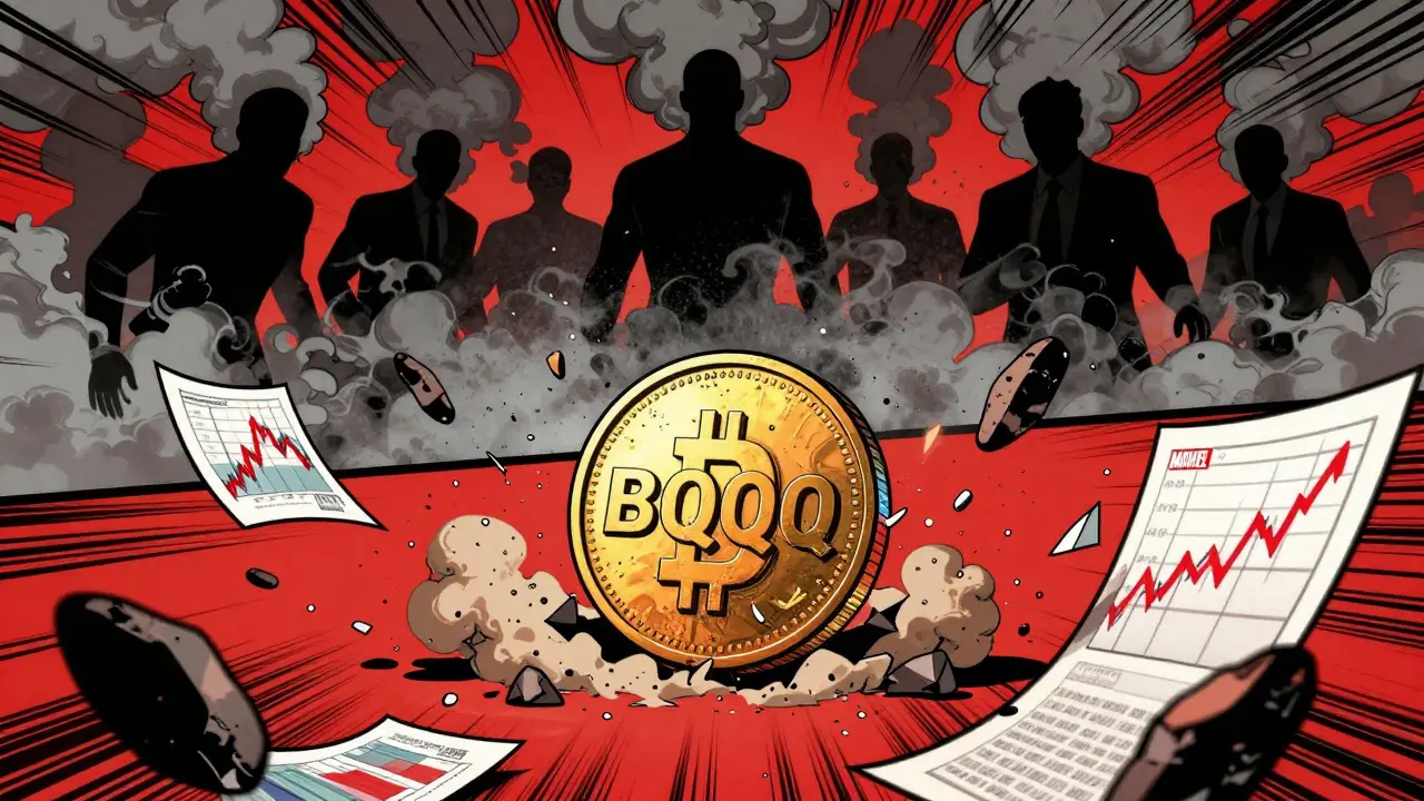 Crumbling BQQQ token with shadowy investors in dramatic comic art