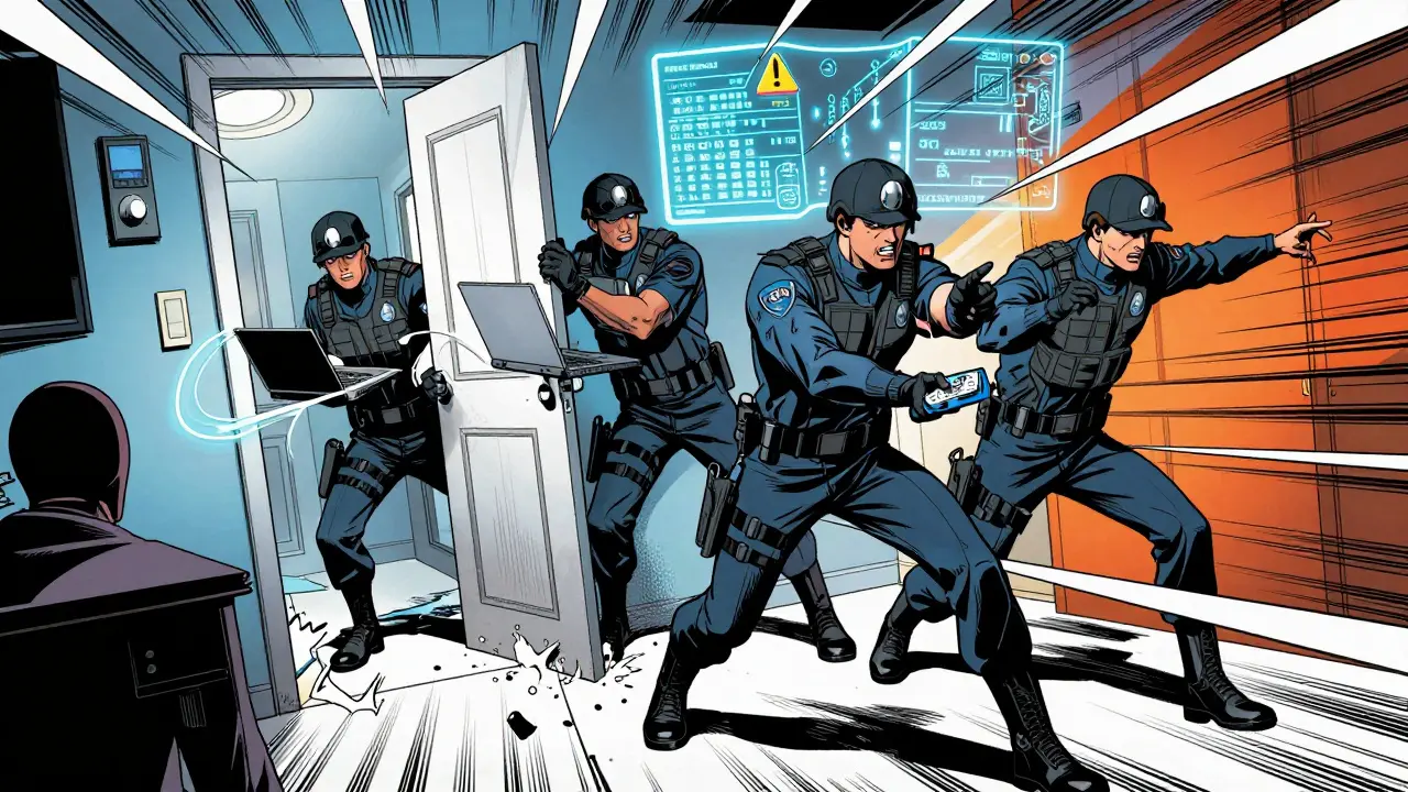 Cybercrime police seizing laptops and wallets from an apartment, illustrating strict enforcement of crypto bans.