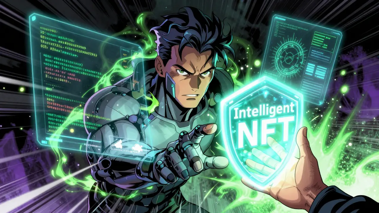 Cybernetic AI agent NFT transferring encrypted data in a dynamic comic scene