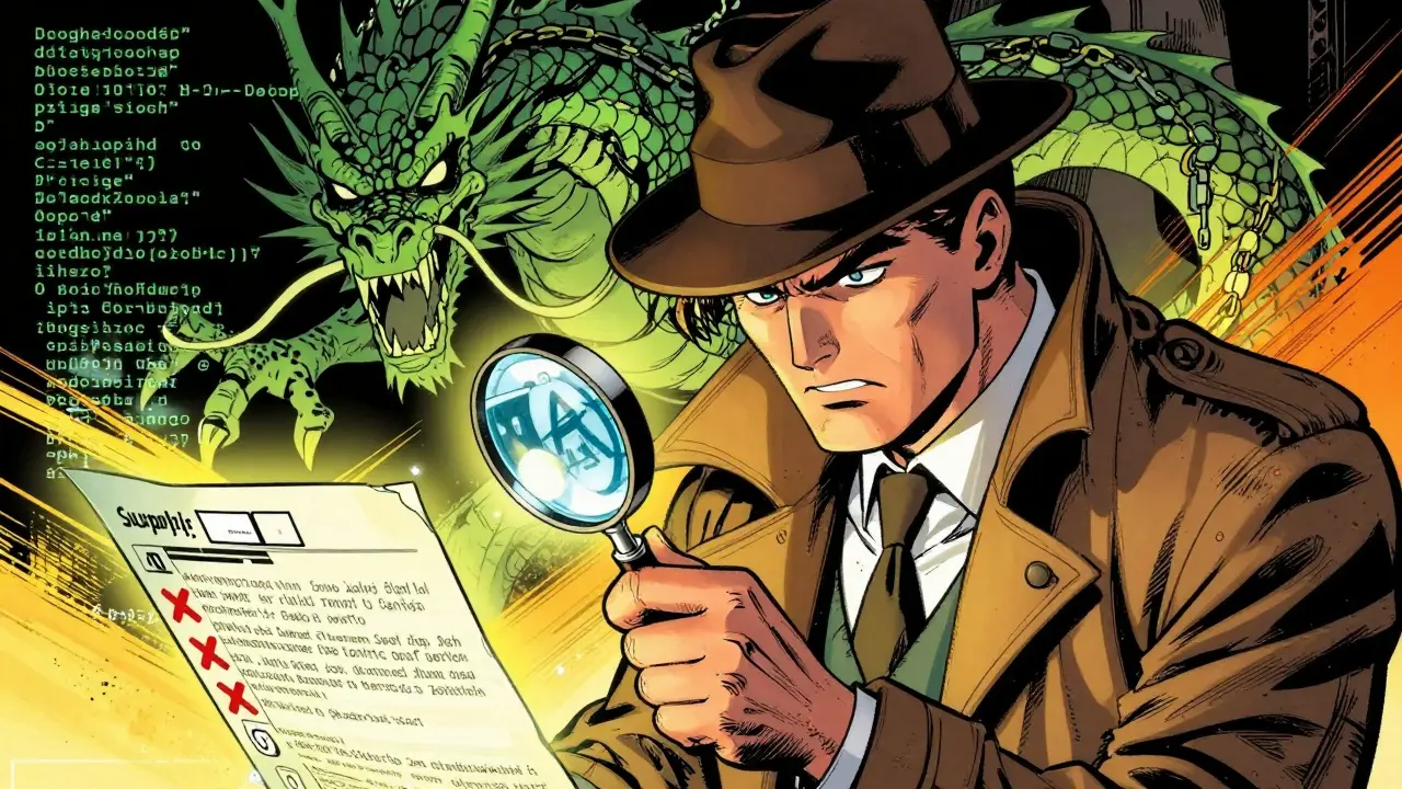 Detective investigating blockchain scams with a magnifying glass