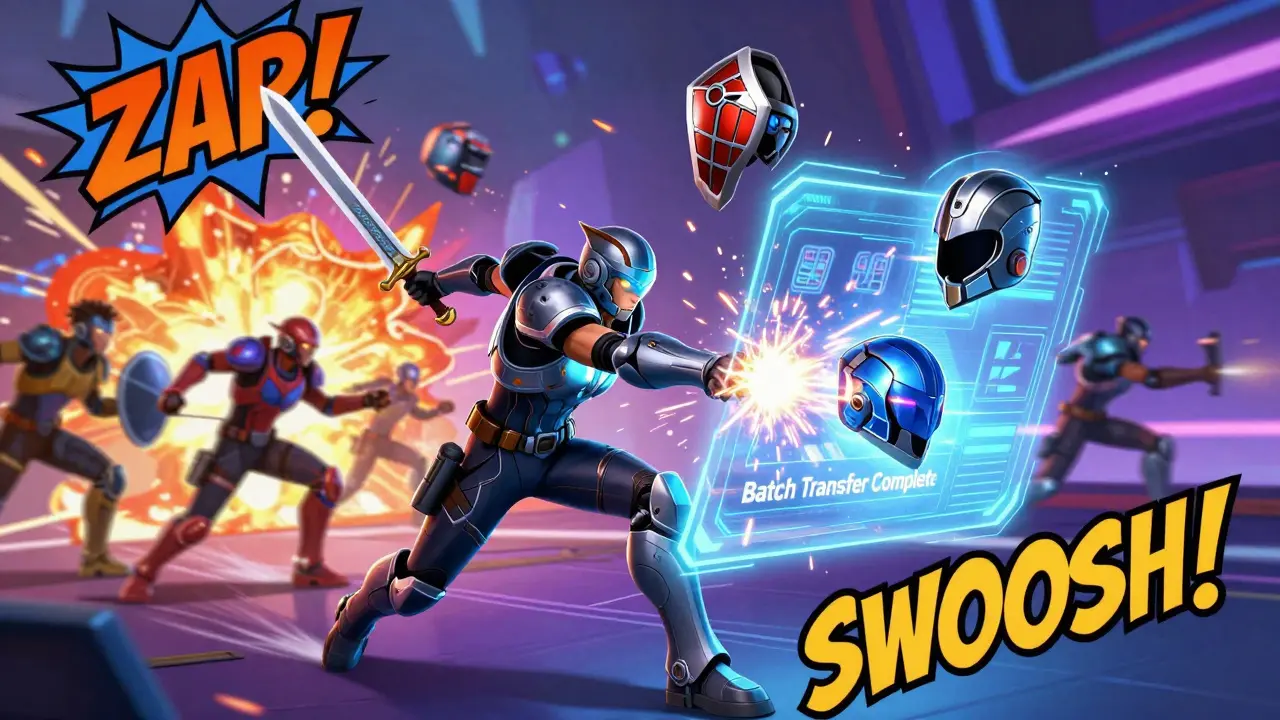 Gamers instantly equipping batched items in a metaverse battle scene