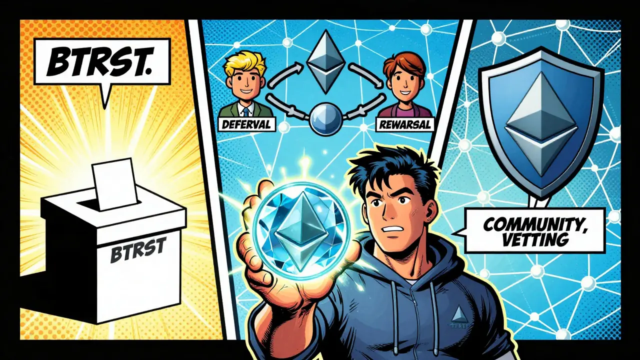 Glowing BTRST token showing governance and reward utilities