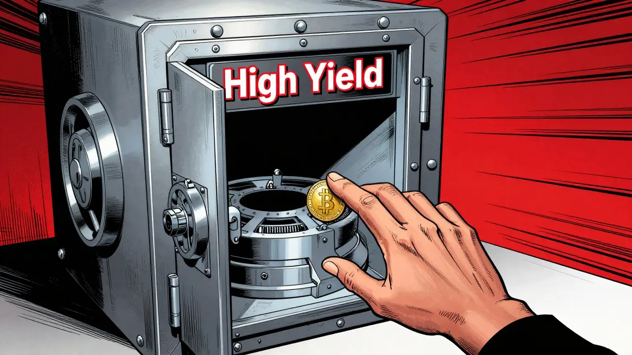 Hand depositing coins into a deceptive high-yield vault trap