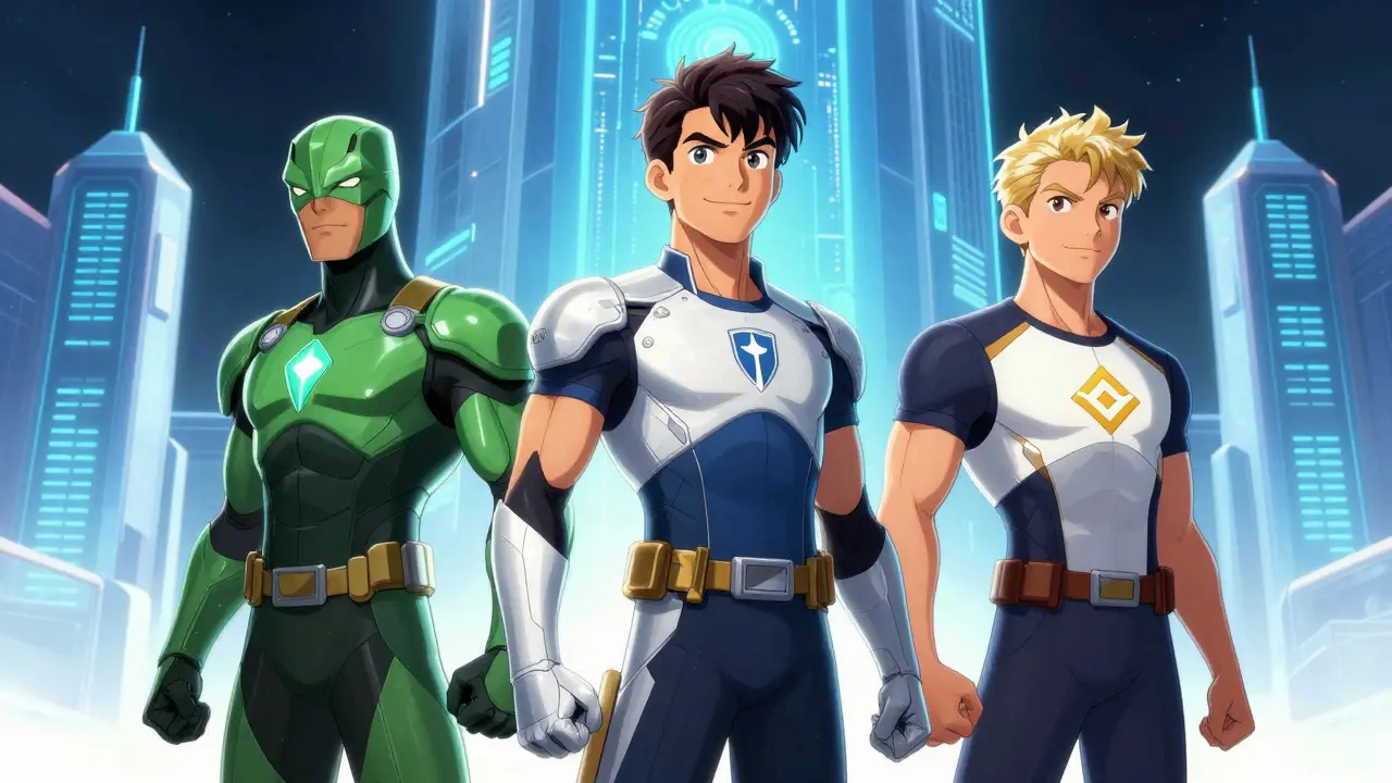 Heroes representing safe crypto exchanges Kraken, Coinbase, Binance