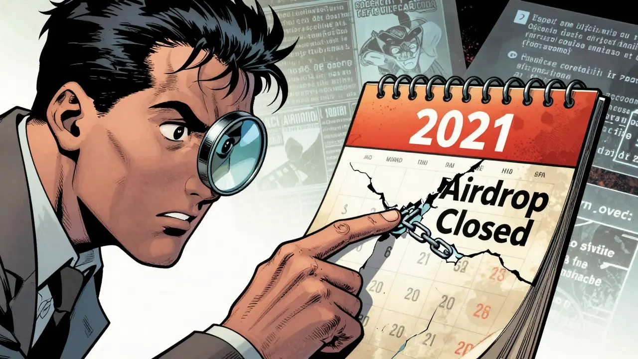 Investigator pointing at expired 2021 airdrop date in comic art
