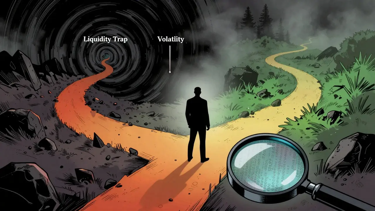 Investor facing risky paths in foggy abstract landscape