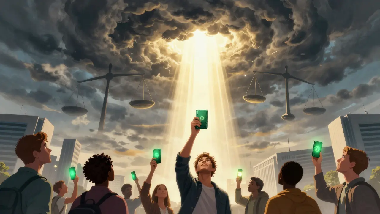 Light breaking through clouds over citizens with crypto wallets, hopeful scene.
