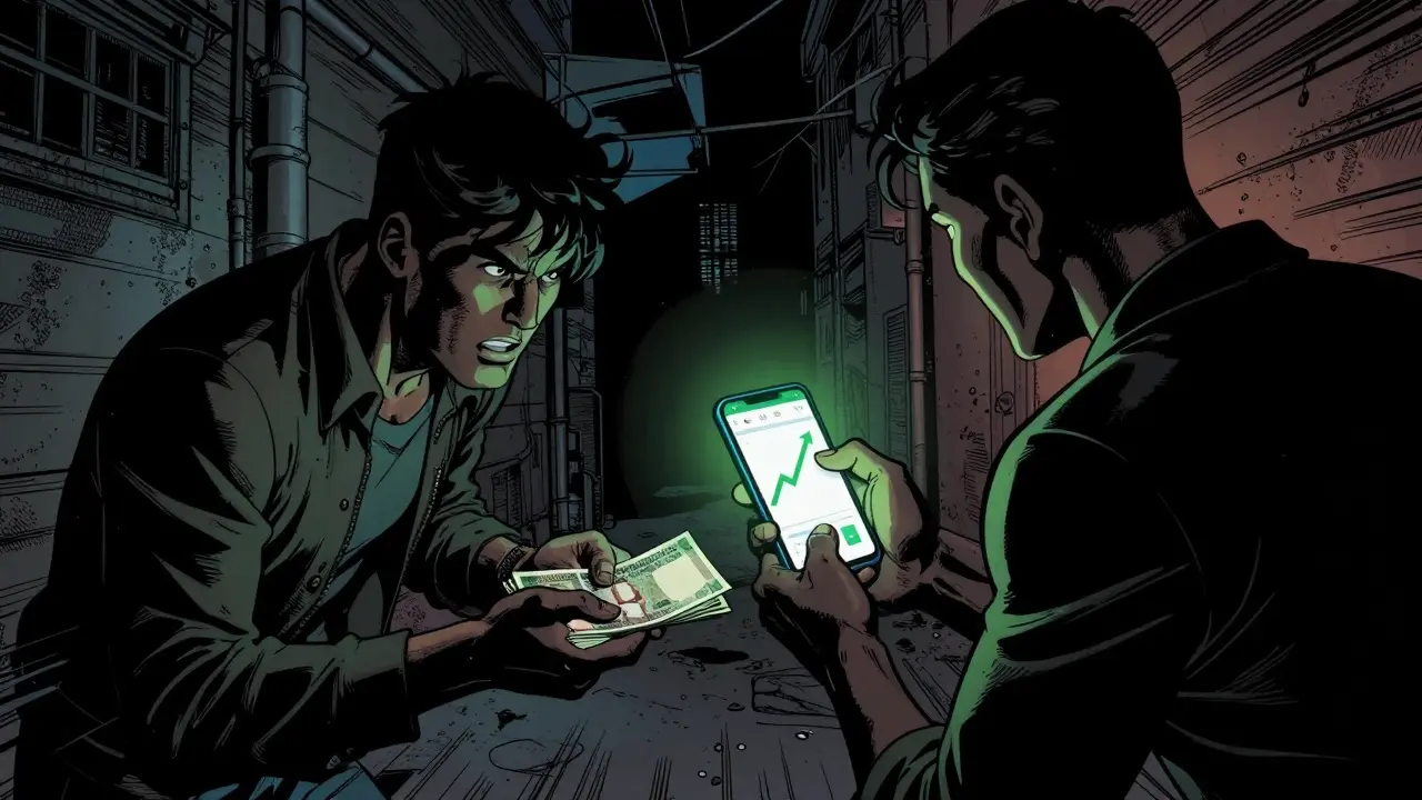 Marvel style scene of secret cash-for-crypto trade in a dark Dhaka alley.