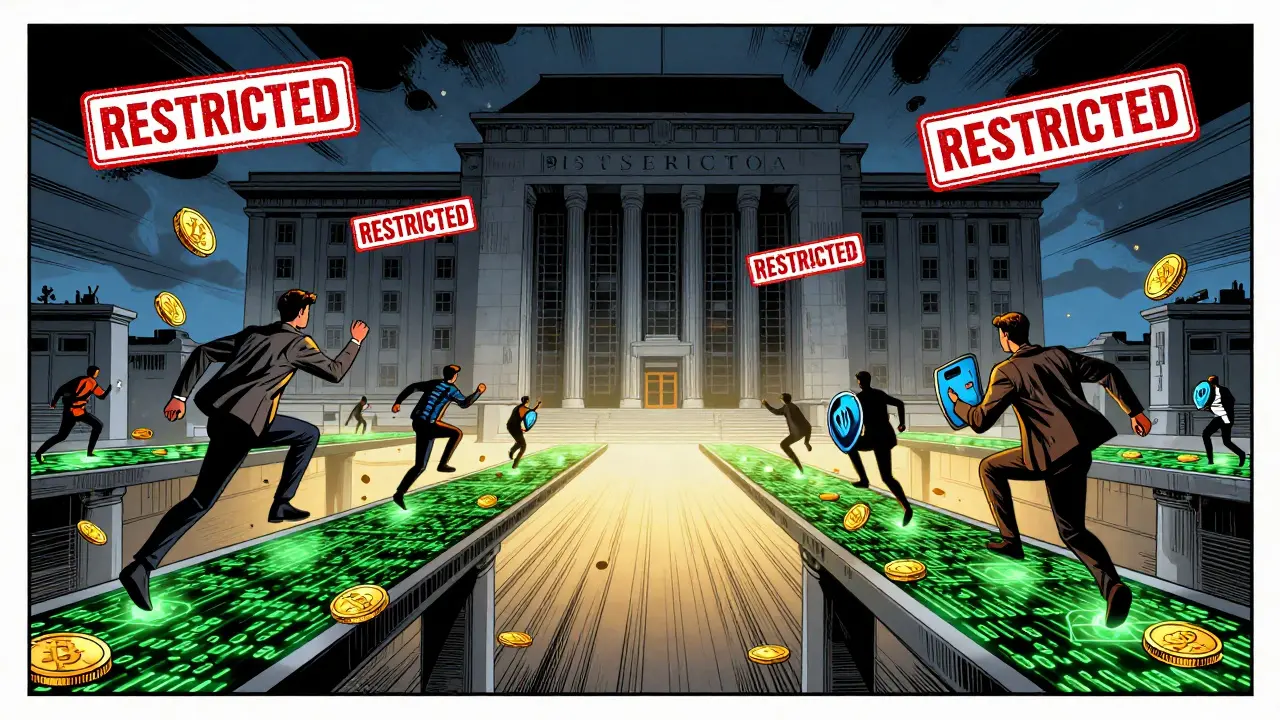 People leaping over government barriers using digital crypto bridges