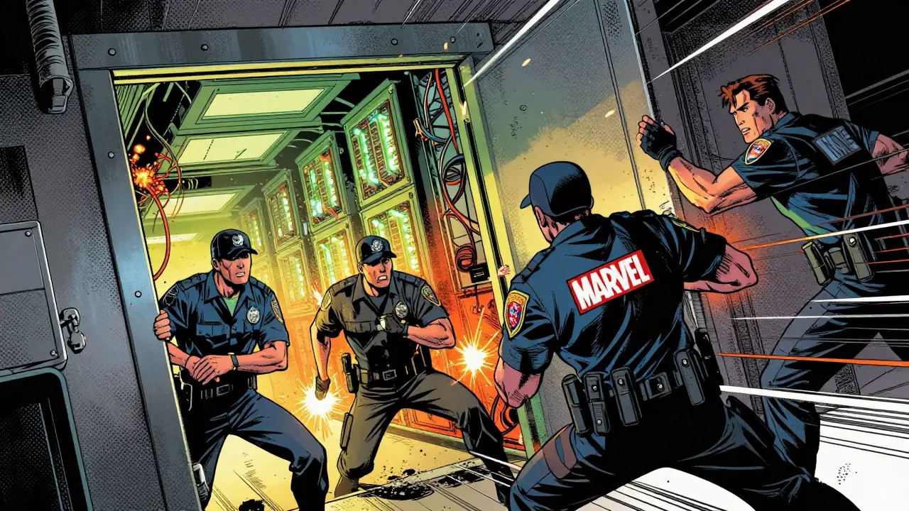 Police raiding a warehouse filled with illegal crypto mining rigs