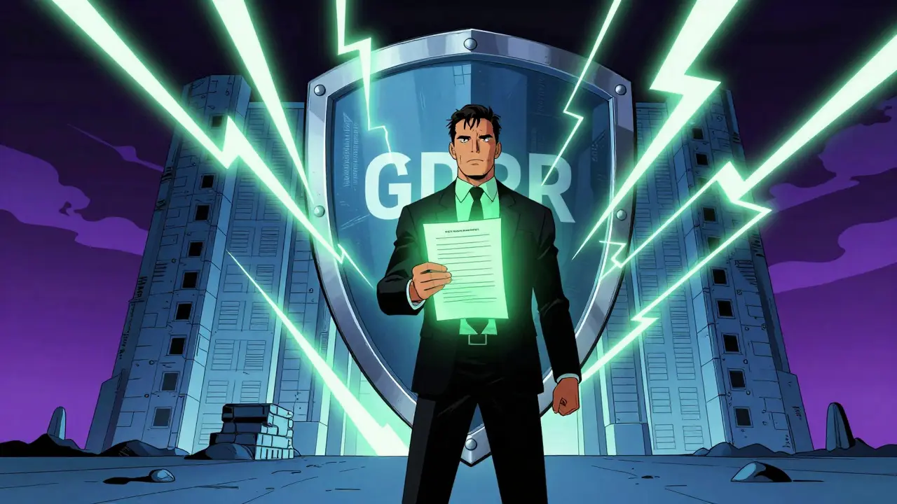 Professional protected by a privacy shield against data breach threats.