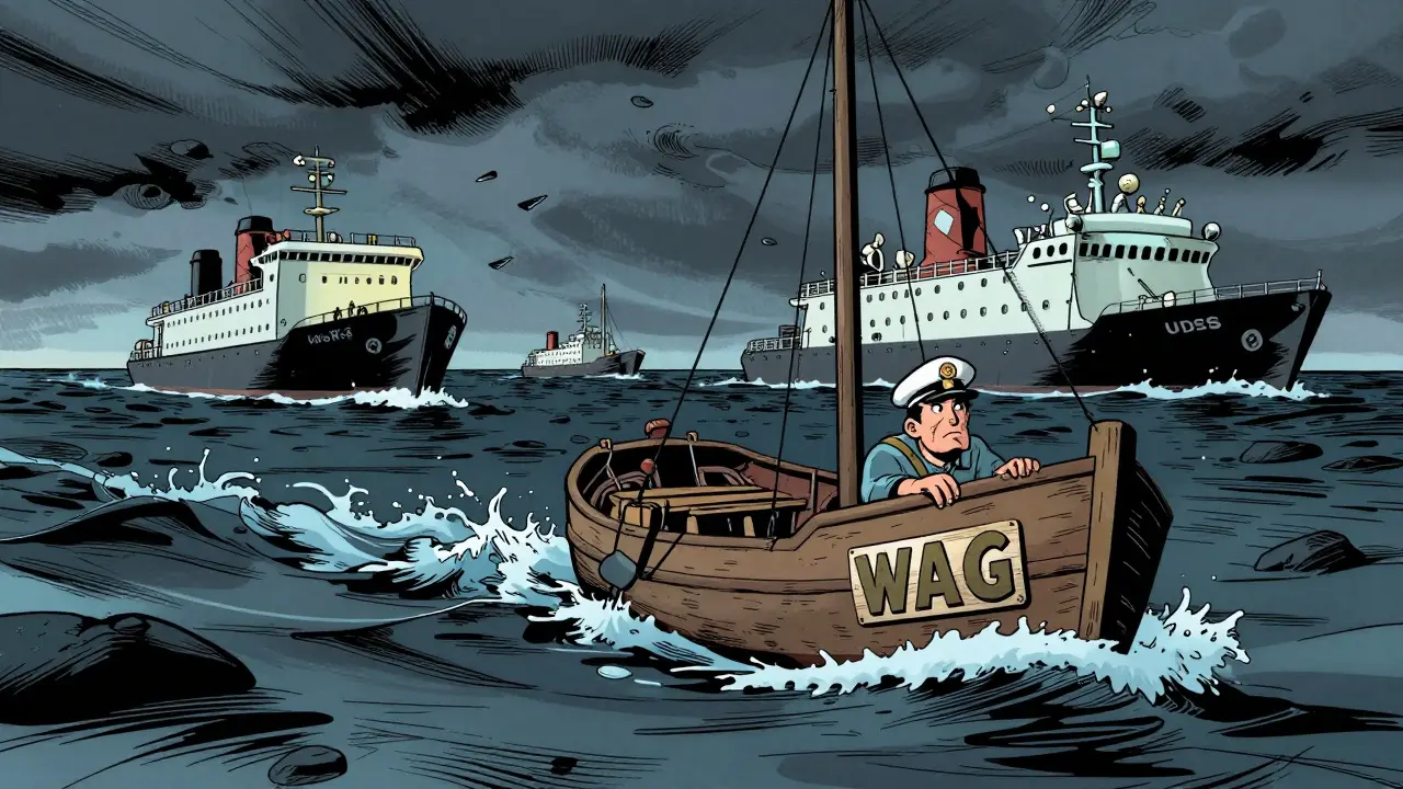 Small ship struggling in low tide waters representing WAG token risks