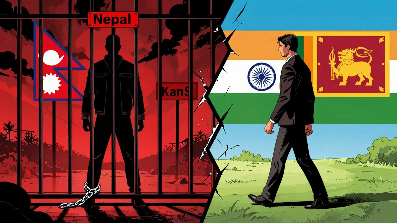 Split image comparing prison bars in Nepal with freedom abroad, highlighting severe legal penalties for crypto use.