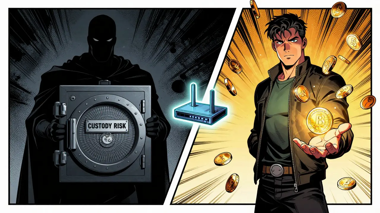 Split-panel comic art contrasting a locked custody vault with a free trader controlling their own crypto assets.
