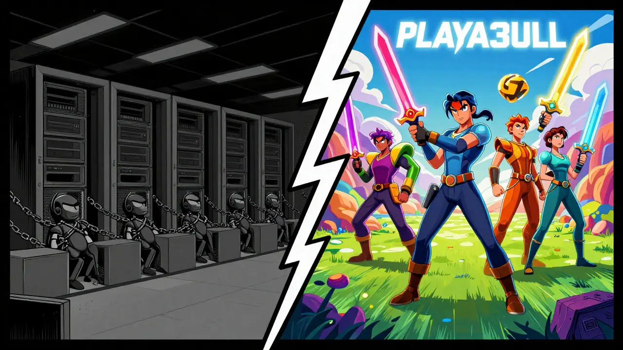Split panel contrasting chained traditional gamers with free NFT owners on a blockchain.