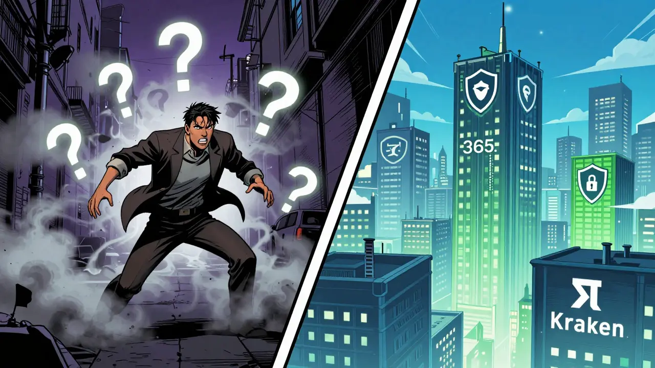 Split scene contrasting a foggy, risky platform with a secure, fortified crypto city.