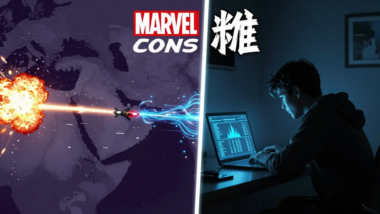 Split scene of war explosions and digital crypto trading in comic style