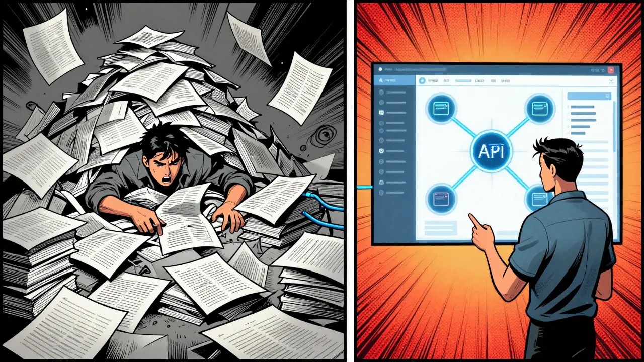 Split screen comparing messy manual tax work vs clean software automation