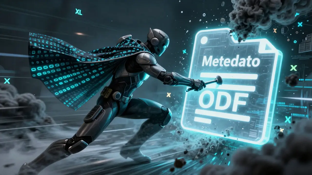 Superhero digitally cleaning metadata from a floating file in comic style.