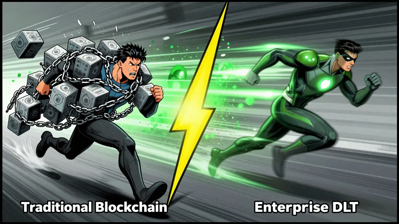 Superhero race showing fast DLT outpacing sluggish blockchain chains