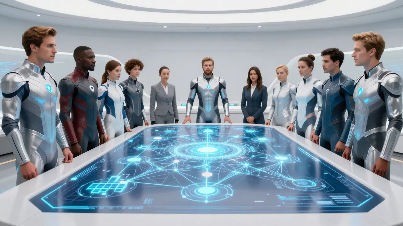 Tech heroes analyzing a holographic hybrid data network in a control room